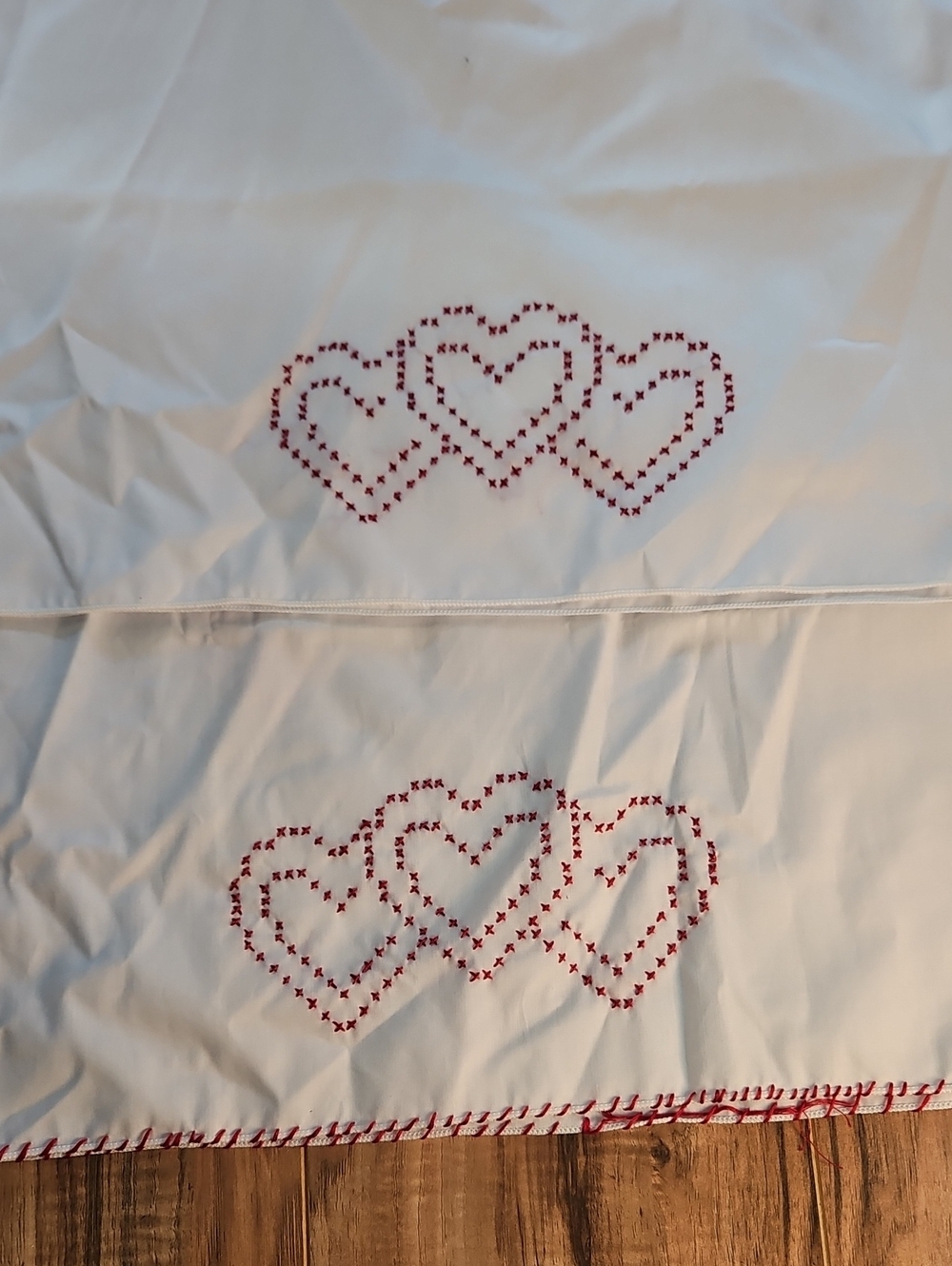 Hand Crafted White Pillowcases with Red Heart Embroidered  Stitching